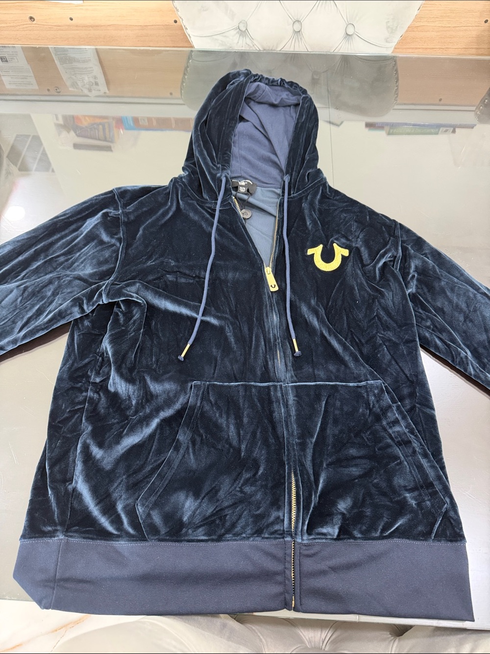 True Religion Navy Velvet Zip Hoodie with Yellow Logo this a 2 piece set in XL